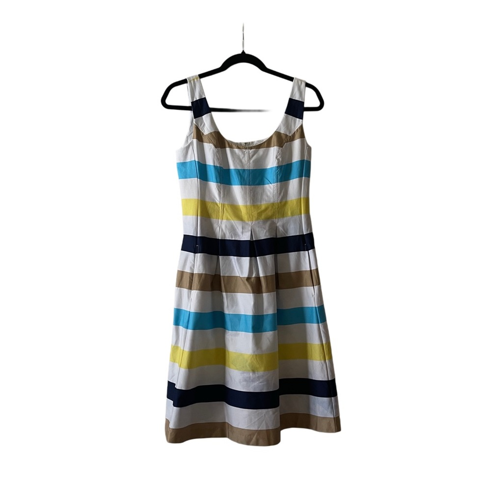 Nine West Fit & Flare Dress Striped Blue Yellow White Sleeveless Pockets Size 2